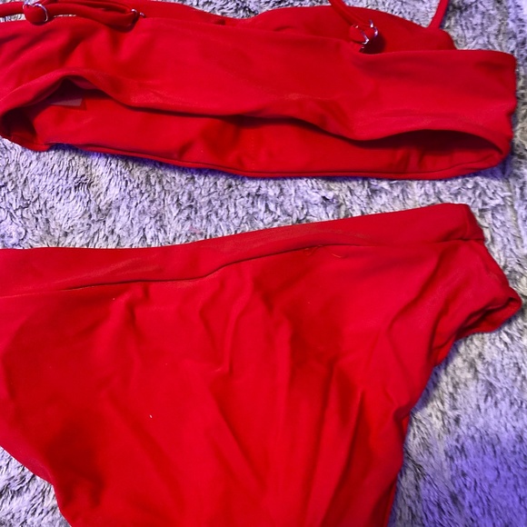 SHEIN SOLID HIGH WAISTED BIKINI SWIMSUIT SET RED AND BROWN - Picture 3 of 6